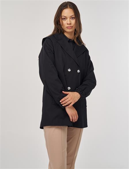 Double-Breasted Jacket with Elasticated Wrists and Shoulder Detail, Black