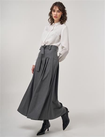 Maxi Skirt with a Thick Pleated Belt in Anthracite