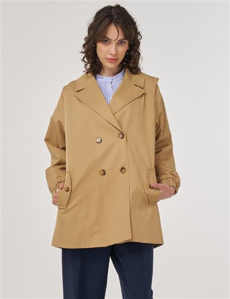 Double-Breasted Jacket with Elasticated Wrists and Shoulder Detail, Beige