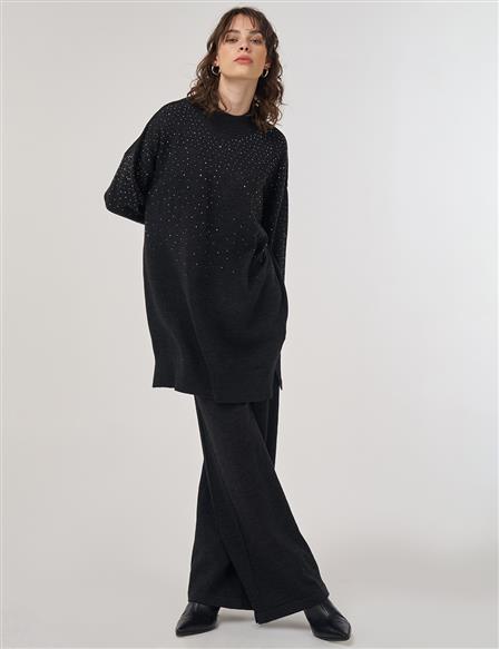 Hotfix Printed Knit Tunic Pants Two-Piece Set Black