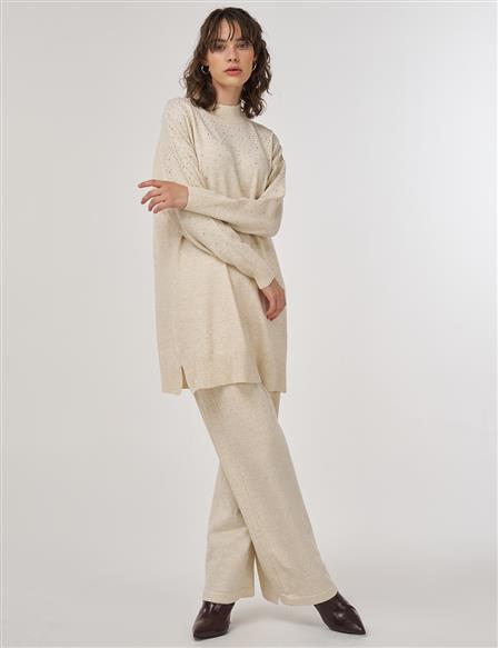 Hotfix Printed Knit Tunic Trouser Two-Piece Set Cream