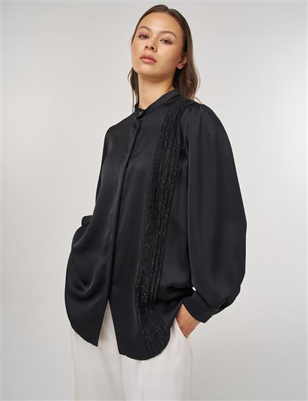 Satin Tunic with Sequin Garnish in Black
