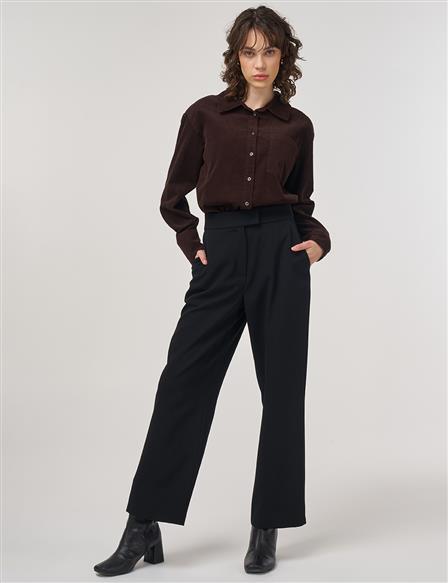 High-Waisted Straight-Cut Fabric Trousers in Black