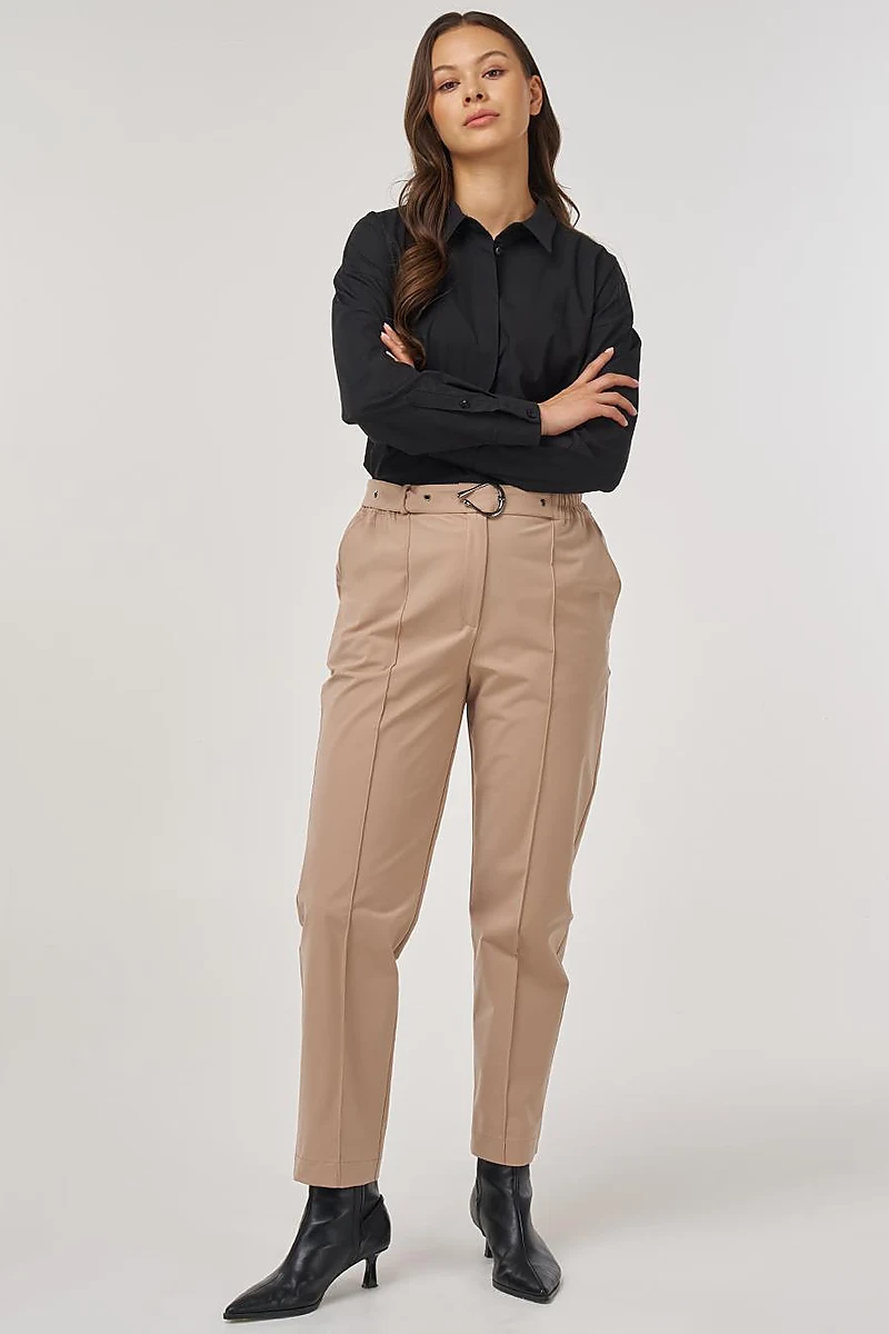 Grass-Embroidered Carrot Trousers with Elastic Waist Belt in Beige