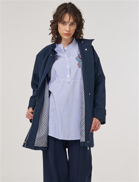 Short High-Neck Trench Coat in Dark Navy
