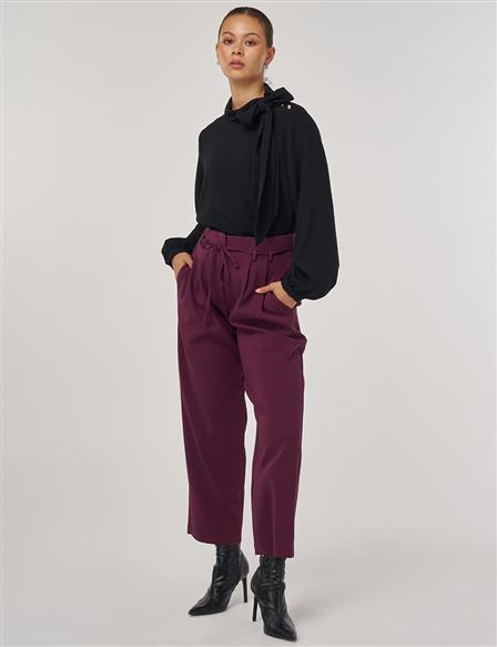 Pleated Lace-Up Belted Pipe-Leg Trousers in Fig