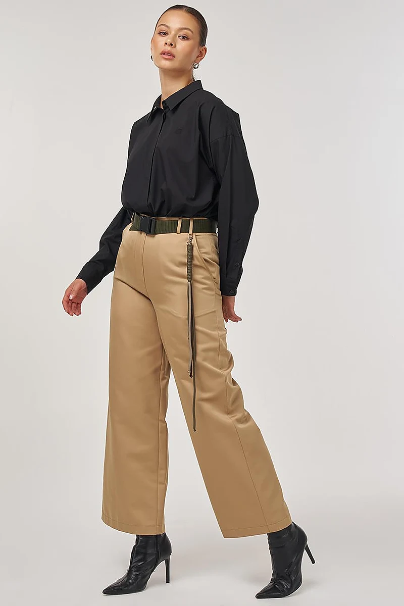 Wide-Leg Trousers with Belt Accessory Detail in Beige