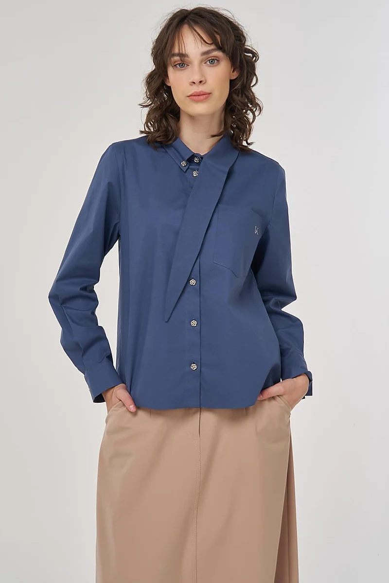 Indigo Cotton Blouse with Collar Detail