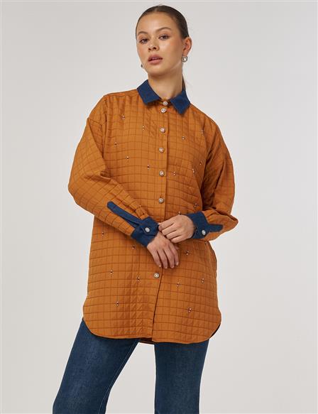 Denim Yaka Kapitone Tunik Balkabağı