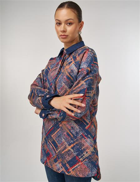 Denim Garnili Desenli Tunik Kırmızı