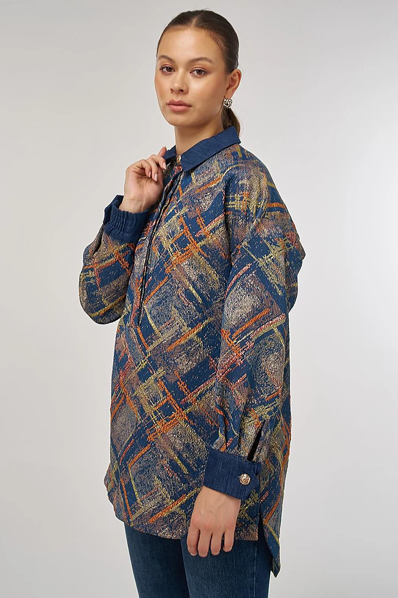 Denim Garnished Patterned Tunic in Pumpkin
