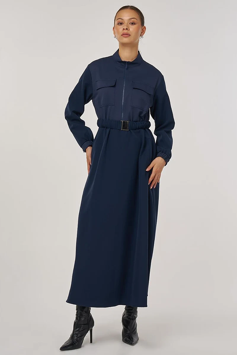 Maxi Dress with Elastic Belt and Flap Pockets in Dark Navy