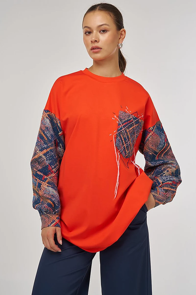 Abstract Patterned Fabric Garnished Pocket Tunic in Coral