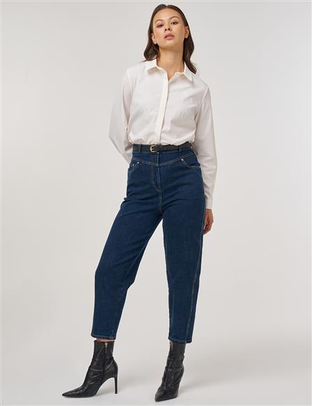 Yüksek Bel Dikiş Detaylı Mom Jean Denim Pantolon Lacivert