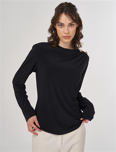 Shoulder Detail Long Sleeve Blouse Black