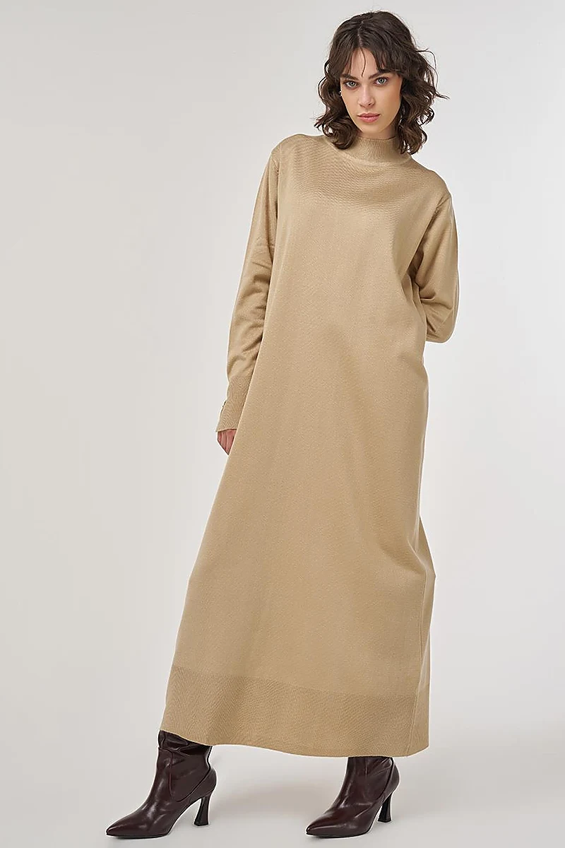 Half Turtleneck Knit Dress in Stone