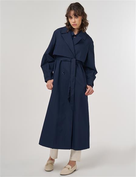 Long Belted Trench Coat in Dark Navy