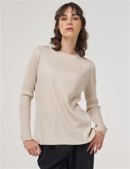 Crew-Neck Ribbed Knit Sweater in Ecru