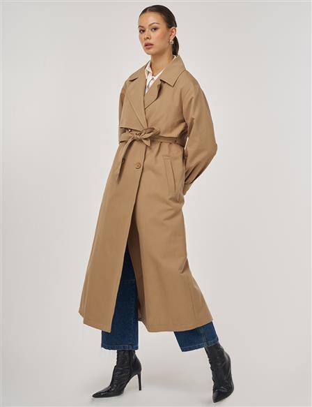 Long Belted Trench Coat in Beige