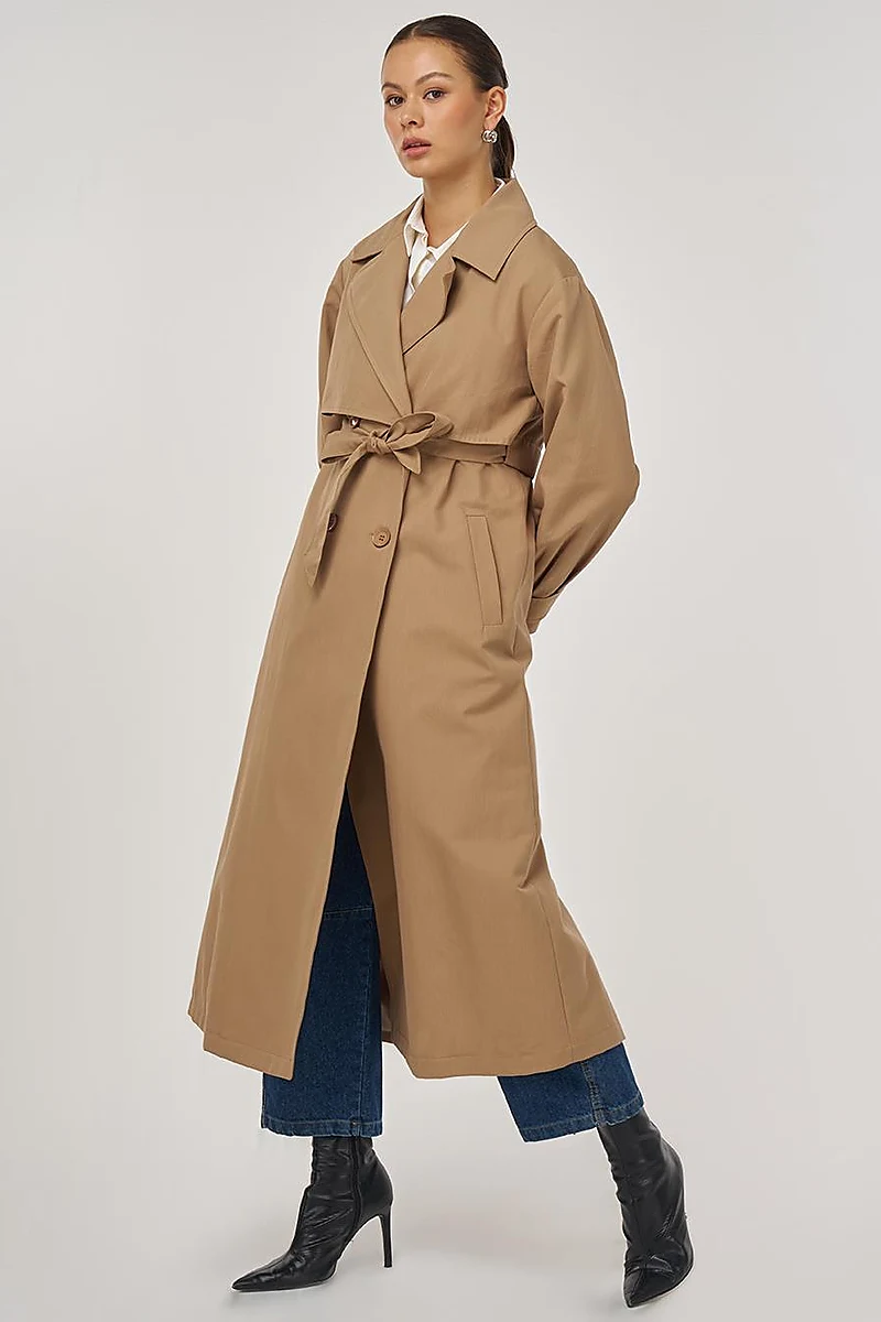 Belted Double-Breasted Long Trench Coat in Beige