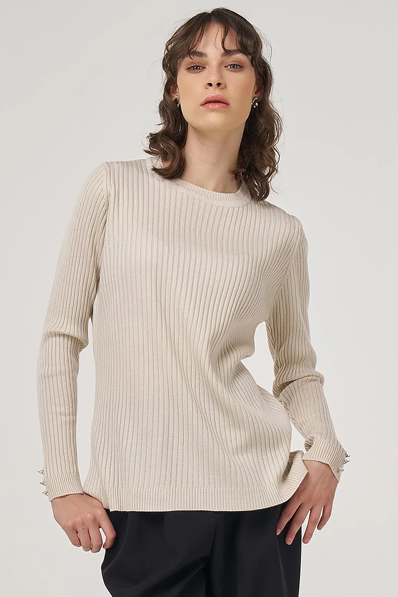 Crew-Neck Ribbed Knit Sweater in Ecru