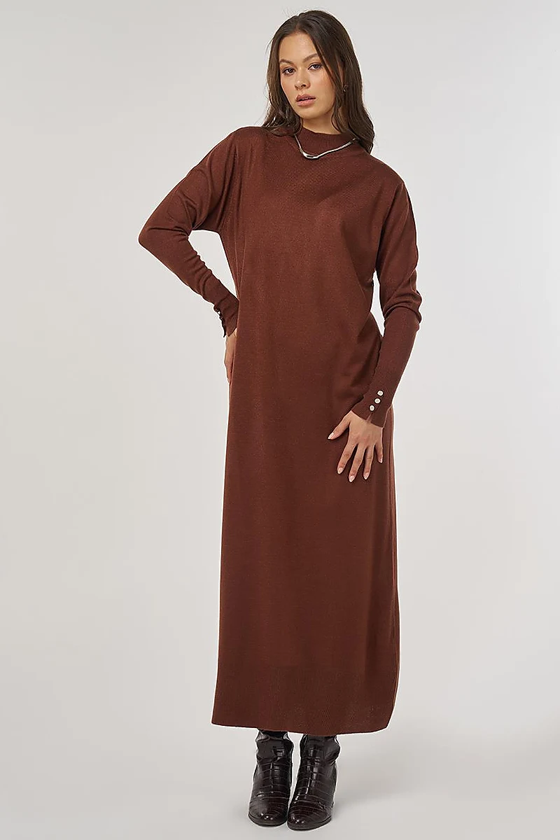 Half Turtleneck Knit Dress in Dark Brown