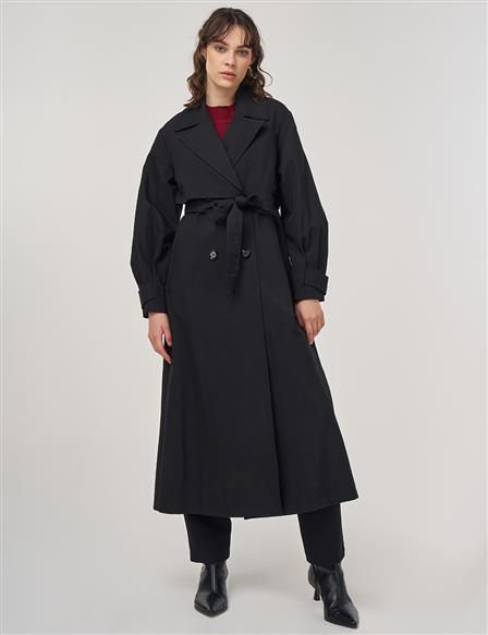 Belted Long Trench Coat in Black