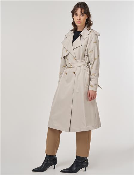 Buckle Detail Trench Coat in Stone