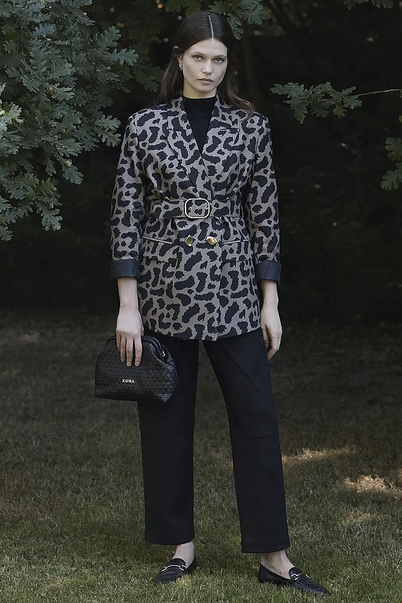 Leopar Desen Blazer Ceket Vizon
