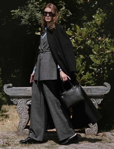 Plaid Pleated Belt Detailed High Waist Palazzo Pants Anthracite