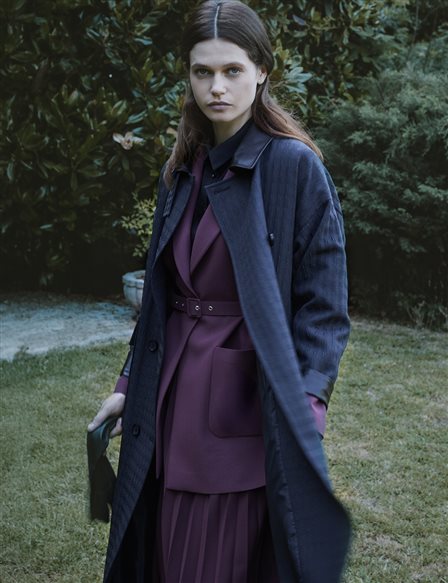 Notched Collar Houndstooth Pattern Trench Coat Black