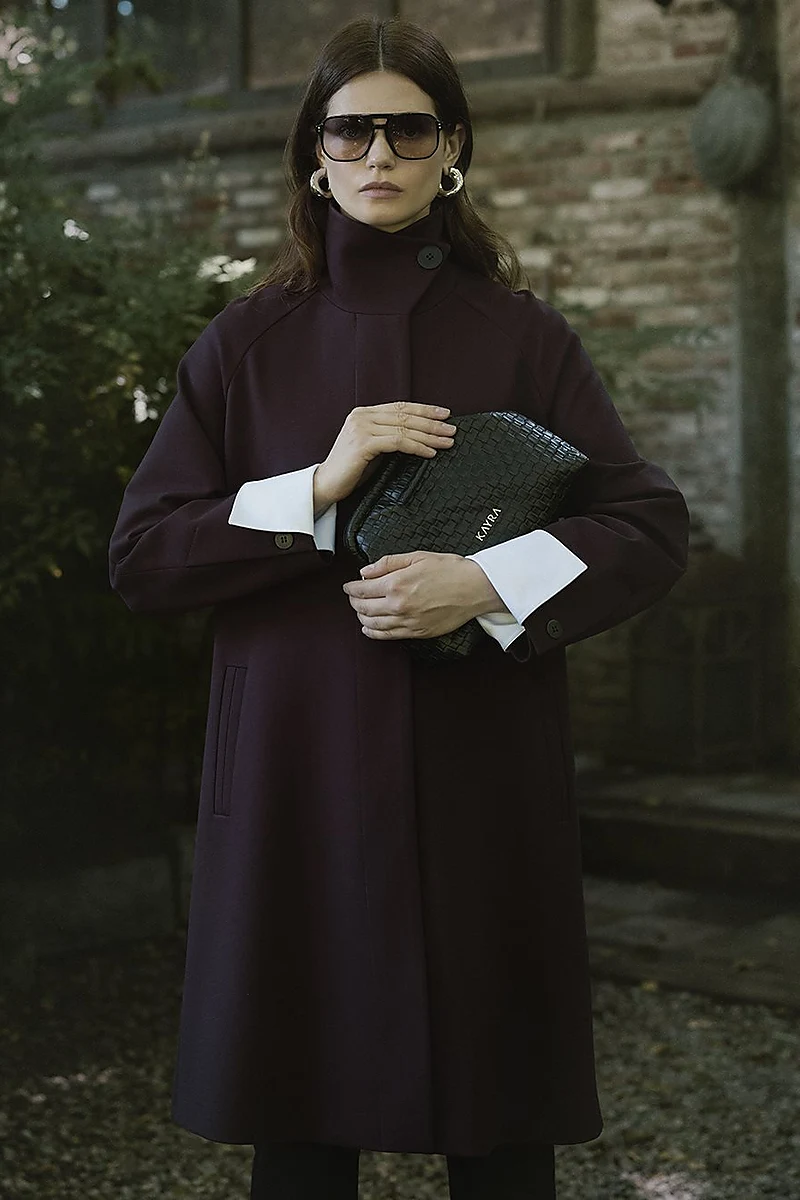 Stand Collar Raglan Sleeve Coat Dark Burgundy