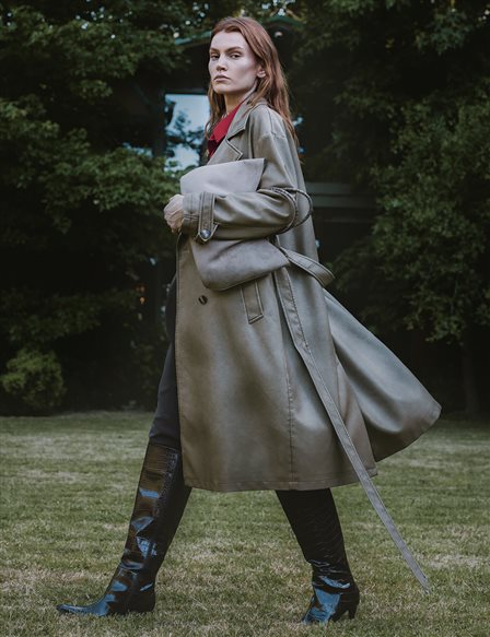 Faux Leather Trench Coat with Epaulet Details Light Brown