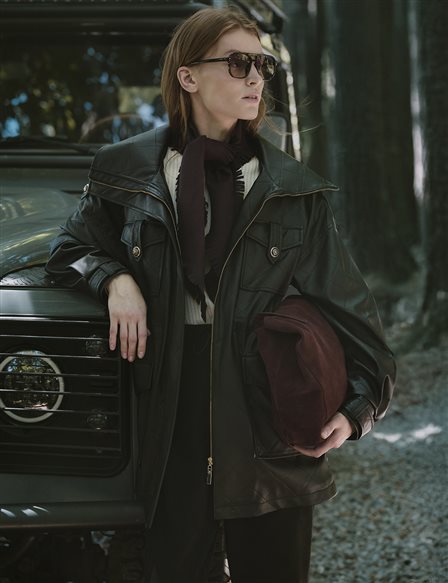 Geniş Yaka Suni Deri Ceket Siyah 