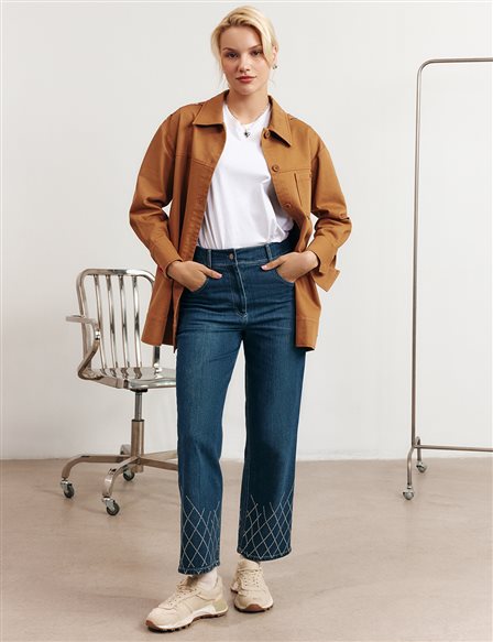 Paçası İşlemeli Denim Pantolon Lacivert 