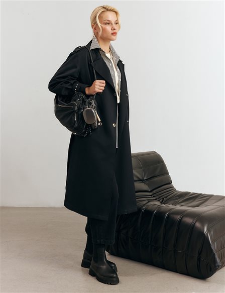 Stud Printed Trench Coat Black