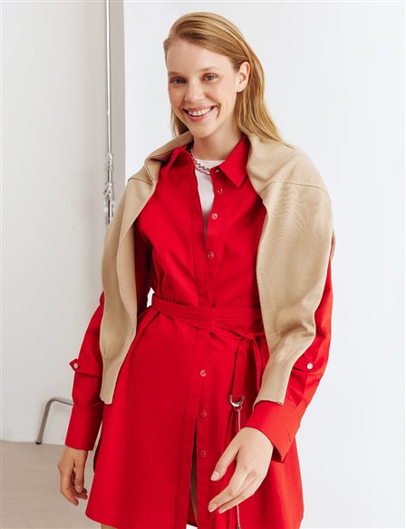 Kuşak Detaylı Rayon Tunik Kırmızı 