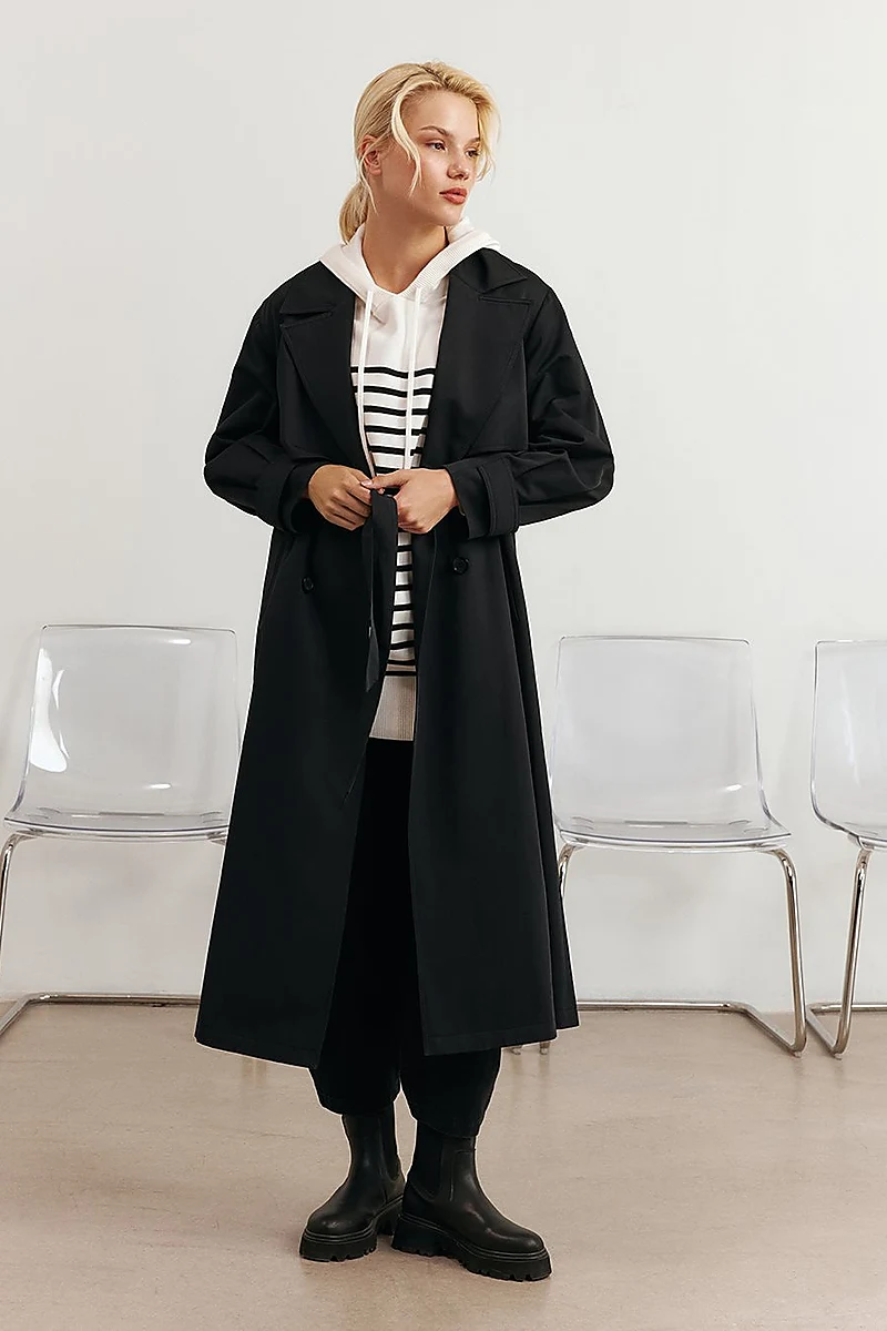 Belted Double-Breasted Long Trench Coat in Black