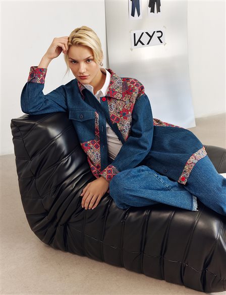 Desenli Denim Ceket İndigo 