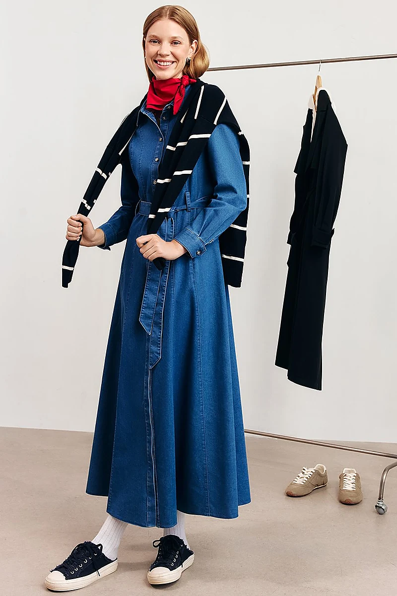 Belted Denim Dress in Navy Blue