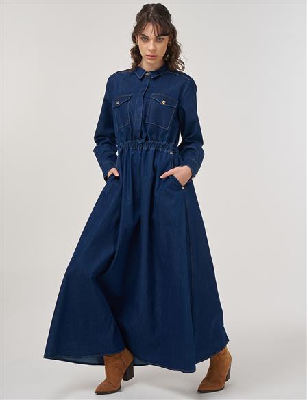 Hotfix Baskılı Denim Maksi Elbise Lacivert 