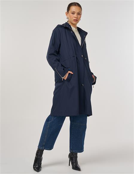 Zipper-Detail Short Trench Coat – Dark Navy