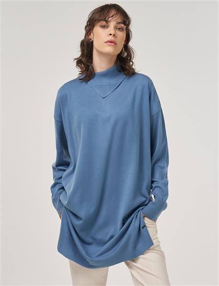 Draped Collar Knit Tunic – Crown Blue