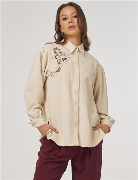 Embroidered Velvet Blouse – Cream