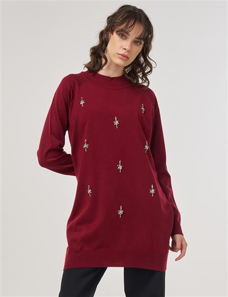Taş İşlemeli Triko Tunik Bordo 