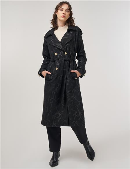 Chain-Pattern Belted Trench Coat – Black