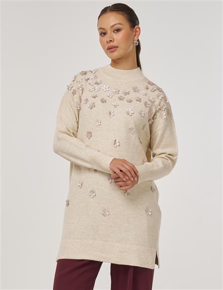 Floral Appliqué Knit Tunic – Cream 