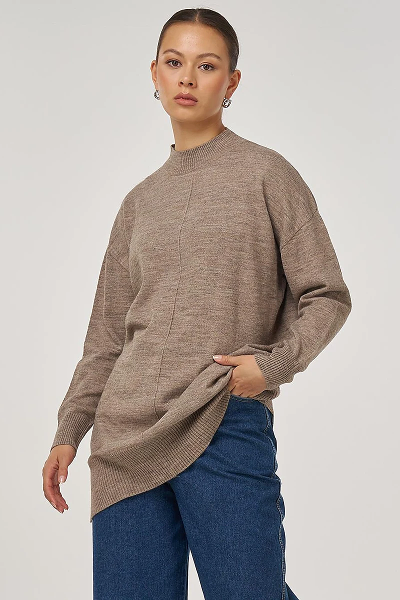 Stitched Detail Knit Tunic Beige
