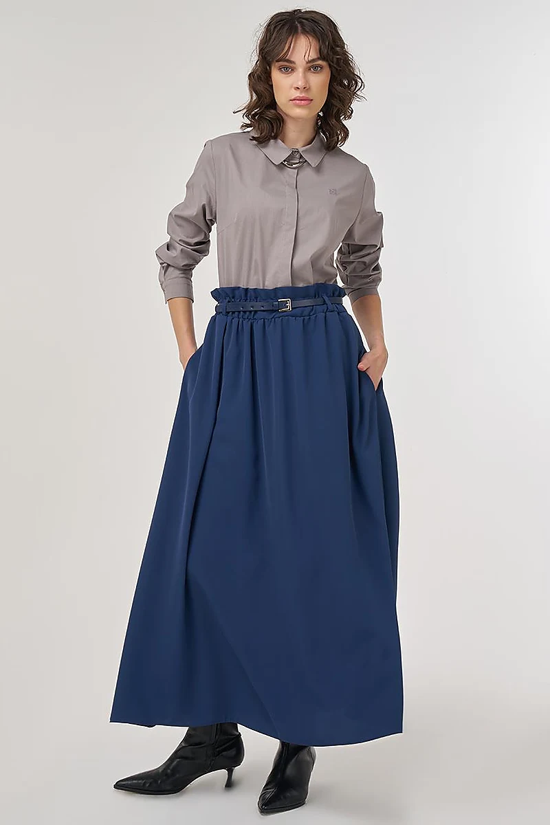 Belt Detail Flared Skirt Indigo