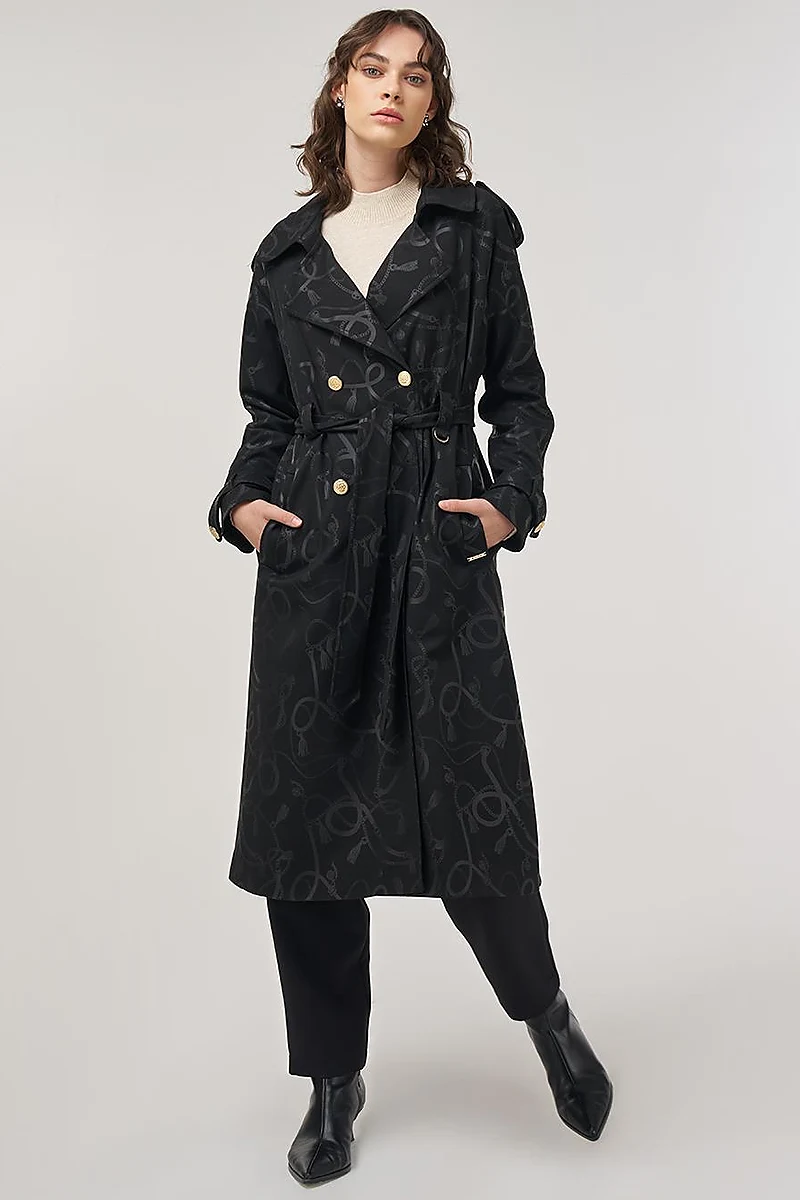 Chain-Pattern Belted Trench Coat – Black